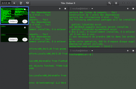  Ici, Tilix sur Debian, avec plusieurs sessions et plusieurs terminaux ouverts en parallèle. 