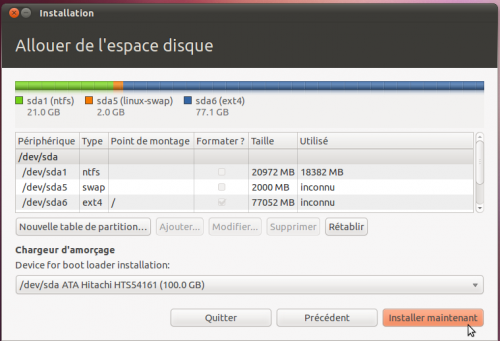 Après avoir créé une partition swap et une partition racine